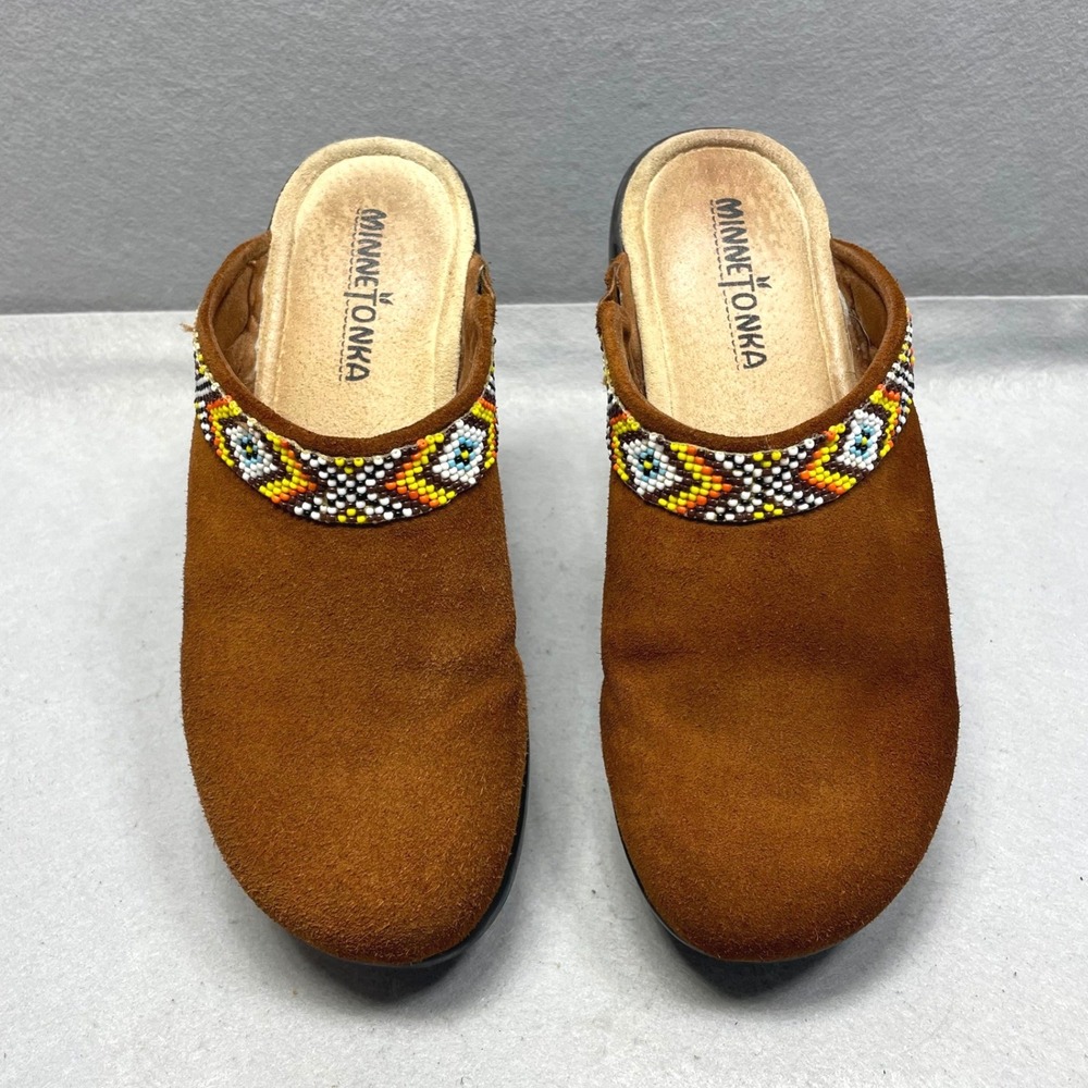 Minnetonka Beaded Suede Clogs Womens 7 Brown Leather Mules 6002